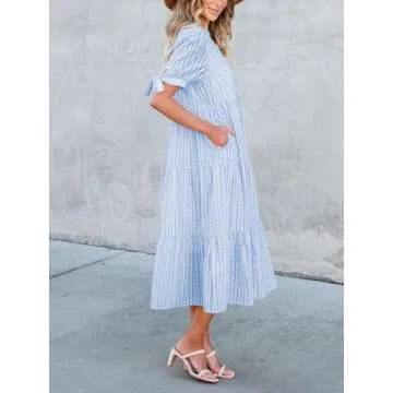 Theenkoln Stylish Casual Midi Dress for Women - Light Blue Gingham