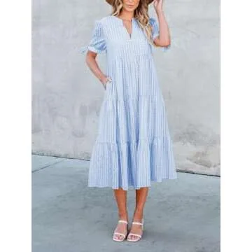 Theenkoln Stylish Casual Midi Dress for Women - Light Blue Gingham