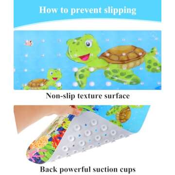 Cartoon Baby Bath Mat, Kids Bathtub Mat Non Slip for Toddler Bath Shower Anti Slip, 40In X 16In with Drain Holes and Suction Cups Machine Washable, Turtles
