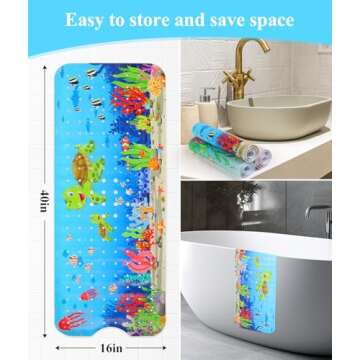 Cartoon Baby Bath Mat, Kids Bathtub Mat Non Slip for Toddler Bath Shower Anti Slip, 40In X 16In with Drain Holes and Suction Cups Machine Washable, Turtles