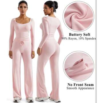 OMKAGI Womens Lounge Set Lace Square Neck Long Sleeve Tops Wide Leg Pants 2 Piece Outfits(XS,212-Pink)