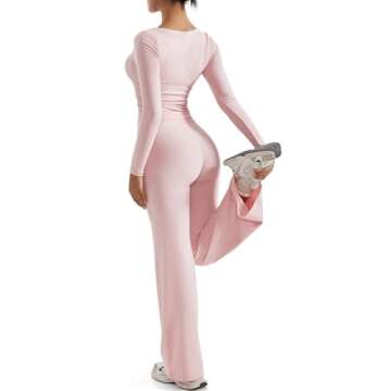 OMKAGI Womens Lounge Set Lace Square Neck Long Sleeve Tops Wide Leg Pants 2 Piece Outfits(XS,212-Pink)