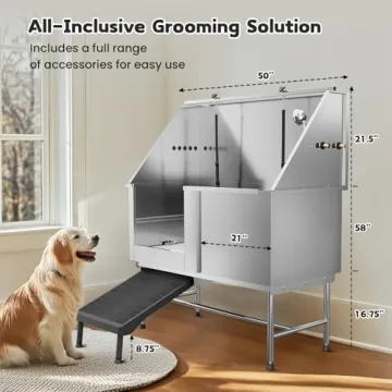 PawBest Stainless Steel Dog Grooming Bath Tub with Ramp, Faucet, Hoses and Loops (50" Bathtub)