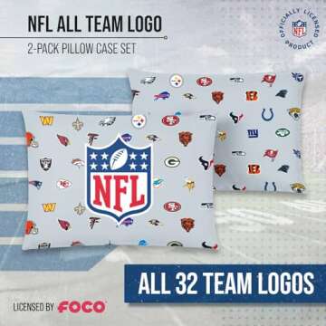 FOCO NFL Repeating Team Logo Pillowcase 2 Pack - Officially Licensed Bedding for Football Fans