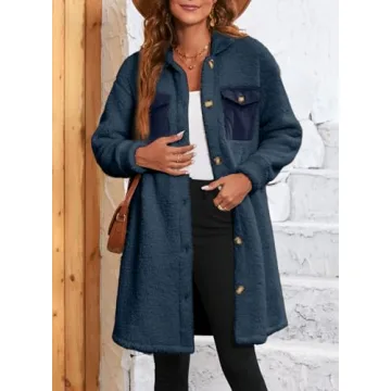 EVALESS Fuzzy Fleece Jackets for Women Fashion Button Down Lapel Long Teddy Coat Fall 2024 Outfits Long Sleeve Solid Color Jacket Faux Fur Warm Winter Outwear with Pockets Blue Large