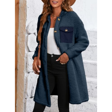 EVALESS Fuzzy Fleece Jackets for Women Fashion Button Down Lapel Long Teddy Coat Fall 2024 Outfits Long Sleeve Solid Color Jacket Faux Fur Warm Winter Outwear with Pockets Blue Large