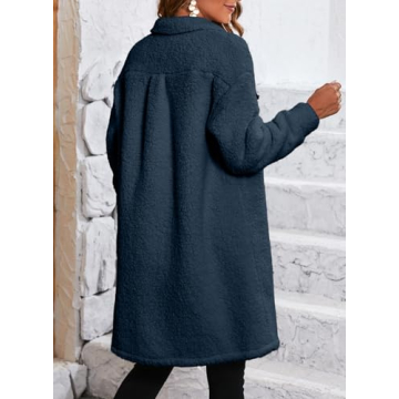 EVALESS Fuzzy Fleece Jackets for Women Fashion Button Down Lapel Long Teddy Coat Fall 2024 Outfits Long Sleeve Solid Color Jacket Faux Fur Warm Winter Outwear with Pockets Blue Large