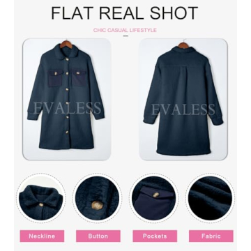 EVALESS Fuzzy Fleece Jackets for Women Fashion Button Down Lapel Long Teddy Coat Fall 2024 Outfits Long Sleeve Solid Color Jacket Faux Fur Warm Winter Outwear with Pockets Blue Large