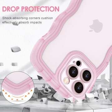 Anuck for iPhone 15 Pro Max Case Wavy Edge Clear Back Design, Anti-Slip Grip Cute Wave Curly Frame Shape Shockproof Soft TPU & Hard Bumper Protective Phone Case Cover for Women Girls, Clear Pink