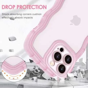 Anuck for iPhone 15 Pro Max Case Wavy Edge Clear Back Design, Anti-Slip Grip Cute Wave Curly Frame Shape Shockproof Soft TPU & Hard Bumper Protective Phone Case Cover for Women Girls, Clear Pink