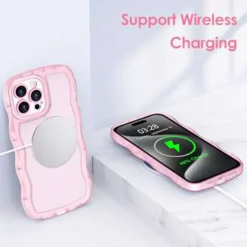Anuck for iPhone 15 Pro Max Case Wavy Edge Clear Back Design, Anti-Slip Grip Cute Wave Curly Frame Shape Shockproof Soft TPU & Hard Bumper Protective Phone Case Cover for Women Girls, Clear Pink