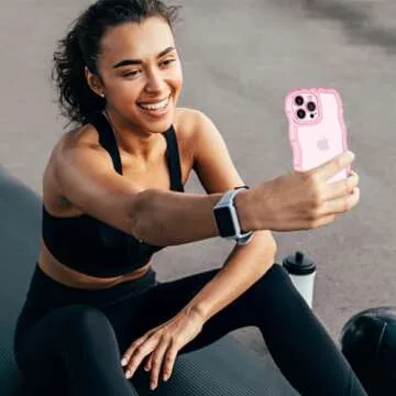 Anuck for iPhone 15 Pro Max Case Wavy Edge Clear Back Design, Anti-Slip Grip Cute Wave Curly Frame Shape Shockproof Soft TPU & Hard Bumper Protective Phone Case Cover for Women Girls, Clear Pink