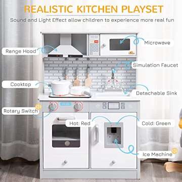 Qaba Play Kitchen with Sink, Microwave, and Ice Machine, Kids Kitchen Playset with Sound Effects and Lights, Pretend Toy Set for 3+ Years Old