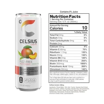 CELSIUS Peach Mango Green Tea Energy Drink 12 Fl Oz (Pack of 12)