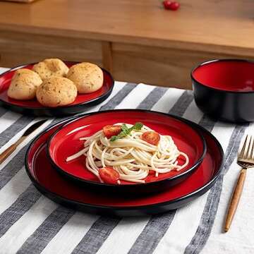 LEHAHA Melamine 12-Piece Modern Dinnerware Set, Kitchen Plates and Bowls Sets, Luxury 2 tone Red and...