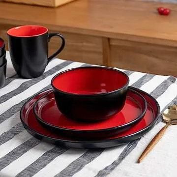 LEHAHA Melamine 12-Piece Modern Dinnerware Set, Kitchen Plates and Bowls Sets, Luxury 2 tone Red and Black Ceramic look Dish Set for 4.Christmas Luxury dinnerware dishes set.