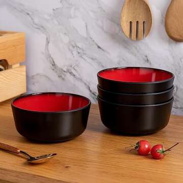 LEHAHA Melamine 12-Piece Modern Dinnerware Set, Kitchen Plates and Bowls Sets, Luxury 2 tone Red and Black Ceramic look Dish Set for 4.Christmas Luxury dinnerware dishes set.