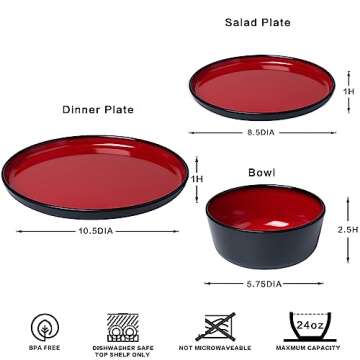 LEHAHA Melamine 12-Piece Modern Dinnerware Set, Kitchen Plates and Bowls Sets, Luxury 2 tone Red and Black Ceramic look Dish Set for 4.Christmas Luxury dinnerware dishes set.