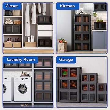FLEXIMOUNTS Stackable Storage Bins With Lids, Collapsible Plastic Storage Bins, 228 QT-3 Pack Closet Organizers and Storage Containers with Doors For Home, Black, 25" L x 15.5" W x 42.5" H