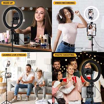 Ring Light with Stand and Phone Holder, 10'' LED Selfie Ring Light with Tripod (17''-73'') Bluetooth Remote for iPad/Tablet/Video Recording/Live Stream/Makeup/YouTube/Photography, 3 Color Modes