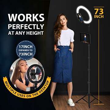 Ring Light with Stand and Phone Holder, 10'' LED Selfie Ring Light with Tripod (17''-73'') Bluetooth Remote for iPad/Tablet/Video Recording/Live Stream/Makeup/YouTube/Photography, 3 Color Modes