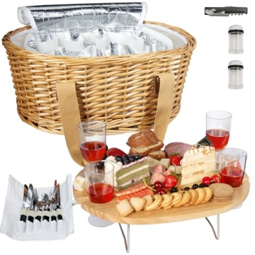 Hap Tim Wicker Picnic Basket Set for 4 with Mini Folding Wine Picnic Table & Large Insulated Cooler ...