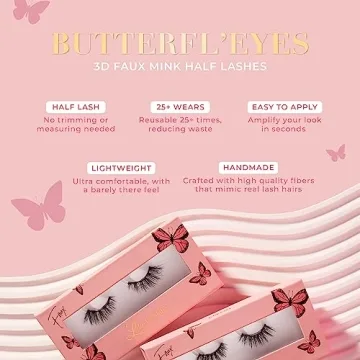 Lilly Lashes Butterfl'eyes Faux Mink Lashes, Half Lashes Natural Look & Feel, False Eyelashes, Reusable Eyelashes 20x, No Trimming + Easy to Apply, Round Style, Lash Glue not Included 13mm (Sassy)