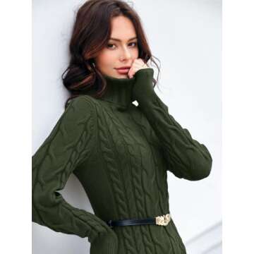 Langwyqu Womens Cable Knit Sweater Dress Sexy Long Sleeve Bodycon Turtleneck Mini Fall Sweaters Dresses Army Green