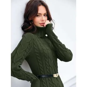 Langwyqu Womens Cable Knit Sweater Dress Sexy Long Sleeve Bodycon Turtleneck Mini Fall Sweaters Dresses Army Green
