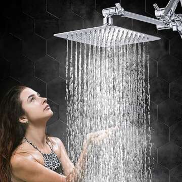 G-Promise All Metal 8 Inch Dual Square Shower Head with Handheld Spray Combo, Rain Shower Head, Adjustable Extension Arm, Smooth 3-Way Diverter, 71 Inch Extra Long Hose - A Bathroom Upgrade (Chrome)