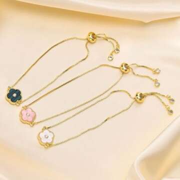 Juvux Clover Bracelet for Women Matching Bracelets Gold Flower Zircon Link Chain Bracelet, Birthday Valentine Party Adjustable Five Leaf Bracelet Jewelry Gift for Mom Daughter Sister Mother