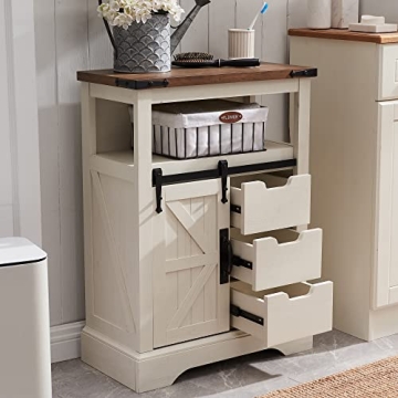 Elegant OKD Bathroom Floor Cabinet, Rustic Style Storage with Sliding Barn Door and Drawers