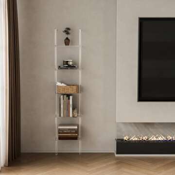 CRTERICX Small Acrylic Ladder Bookshelf, 9.5" D x 15.6" W, 5-Tier Clear Wall Mounted Book Shelf for ...