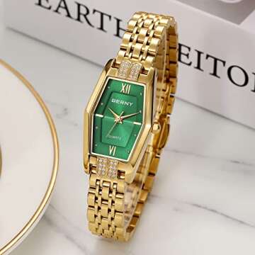 BERNY Gold Watches for Women Dainty Hexagon Ladies Quartz Wrist Watches Stainless Steel Band Fashion Analog Watch Luxury Bracelet(Green Dial)