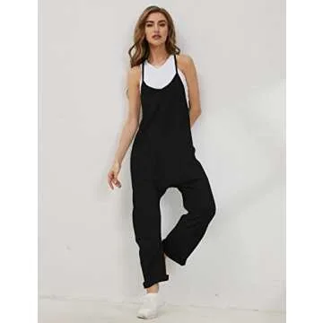 Lentta Women's Causal Jumpsuits V Neck Sleeveless Harem Overalls Stretchy Adjustable Strap Romper with Pockets(Black-S)