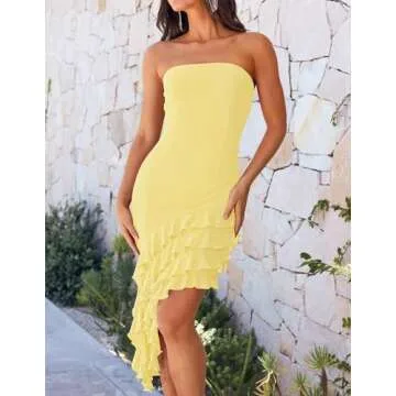 ZESICA Women's 2025 Summer Strapless Bodycon Tube Dress Sexy Off Shoulder Mesh Irregular Ruffle Backless Party Midi Dresses,LightYellow,Small
