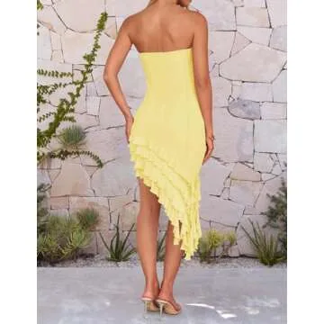 ZESICA Women's 2025 Summer Strapless Bodycon Tube Dress Sexy Off Shoulder Mesh Irregular Ruffle Backless Party Midi Dresses,LightYellow,Small