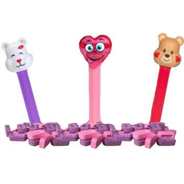 Valentine's Day Candy Dispenser Gift Set, Pink and Red Heart and Bear Characters Assorted Hard Candies Refill Rolls, Pack of 3, Style May Vary