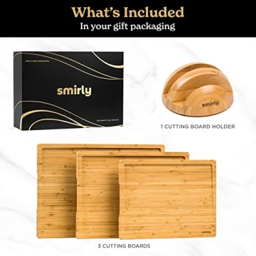 SMIRLY Bamboo Cutting Board Set with Holder for Meal Prep