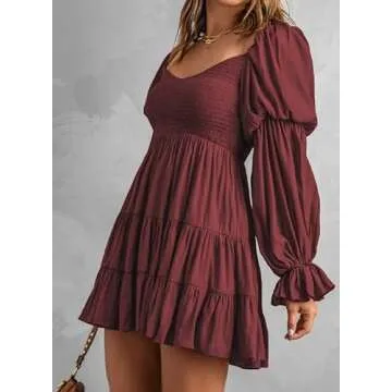 Dokotoo Womens Ladies Spring Elegant Summer Dresses Casual Sexy Off The Shoulder Square V Neck Long Sleeve Smocked A-Line Mini Short Dresses Babydoll Birthday Dresses for Women Red Small