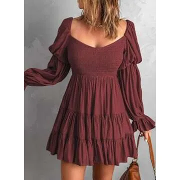 Dokotoo Womens Ladies Spring Elegant Summer Dresses Casual Sexy Off The Shoulder Square V Neck Long Sleeve Smocked A-Line Mini Short Dresses Babydoll Birthday Dresses for Women Red Small