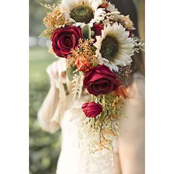 Ansofi 9 Inch Vintage Sunflower Wedding Bouquets for Bride Artificial Burgundy Rose Cascading Bridal...