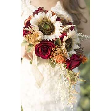 Ansofi 9 Inch Vintage Sunflower Wedding Bouquets for Bride Artificial Burgundy Rose Cascading Bridal Bouquet Burnt Orange Rustic Toss Bouquet for Wedding Ceremony Party Church Decor
