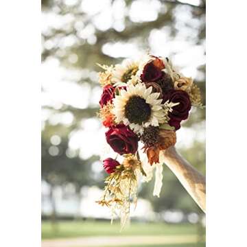 Ansofi 9 Inch Vintage Sunflower Wedding Bouquets for Bride Artificial Burgundy Rose Cascading Bridal Bouquet Burnt Orange Rustic Toss Bouquet for Wedding Ceremony Party Church Decor