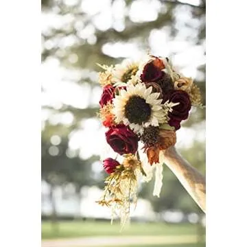 Ansofi 9 Inch Vintage Sunflower Wedding Bouquets for Bride Artificial Burgundy Rose Cascading Bridal Bouquet Burnt Orange Rustic Toss Bouquet for Wedding Ceremony Party Church Decor
