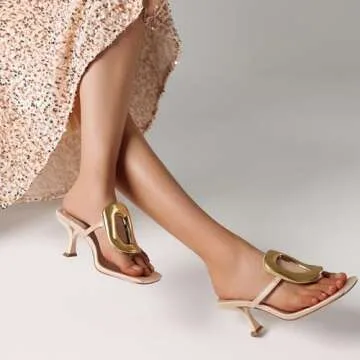 AMINUGAL Heeled Sandals for Women - Dressy Flip Flops, Square Toe Thong Sandals, Slip On Kitten Heels, Open Toe Mules, Slide Sandals - Comfortable Summer Beach Shoes - Size 7.5