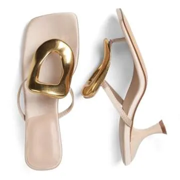 AMINUGAL Heeled Sandals for Women - Dressy Flip Flops, Square Toe Thong Sandals, Slip On Kitten Heels, Open Toe Mules, Slide Sandals - Comfortable Summer Beach Shoes - Size 7.5