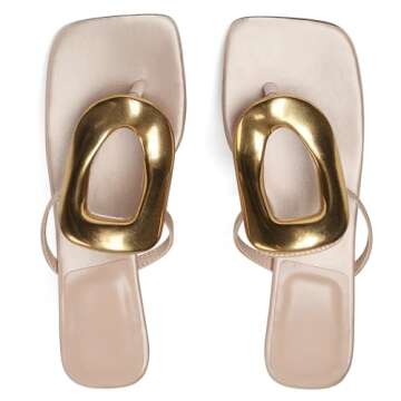 AMINUGAL Heeled Sandals for Women - Dressy Flip Flops, Square Toe Thong Sandals, Slip On Kitten Heels, Open Toe Mules, Slide Sandals - Comfortable Summer Beach Shoes - Size 7.5