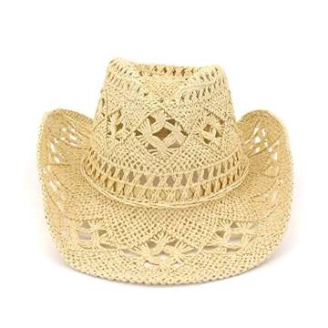 Womens Shapeable Straw Cowboy Hat Western Cowgirl One Size Travel Outdoor Sun Hats Beige