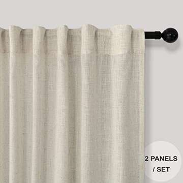 Beige Linen Curtains 38 Inch Width for Living Room 2 Panels Back Tab Rod Pocket Semi Sheer Light Fil...